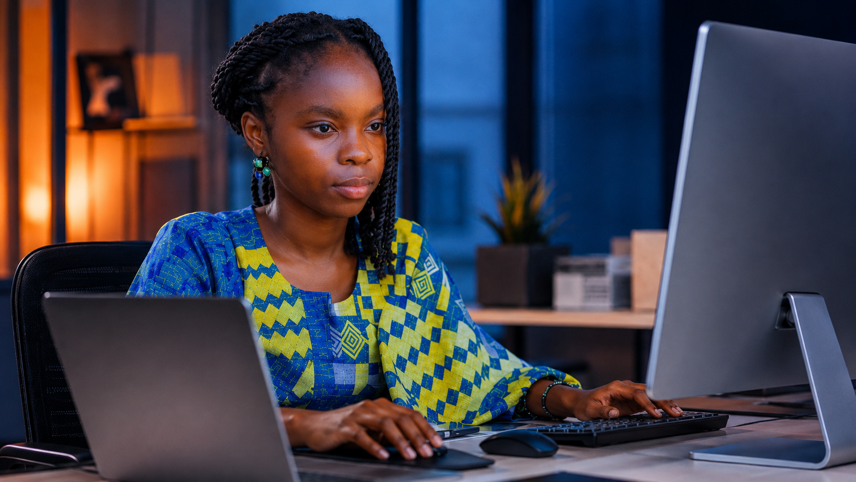 Une professionnelle africaine noire travaillant sur un ordinateur dans un bureau moderne.